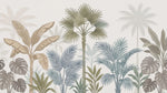 Papier peint panoramique tropical - Palmiers bananiers feuillage superposé tons beige crème et vert olive sur mesure - Design