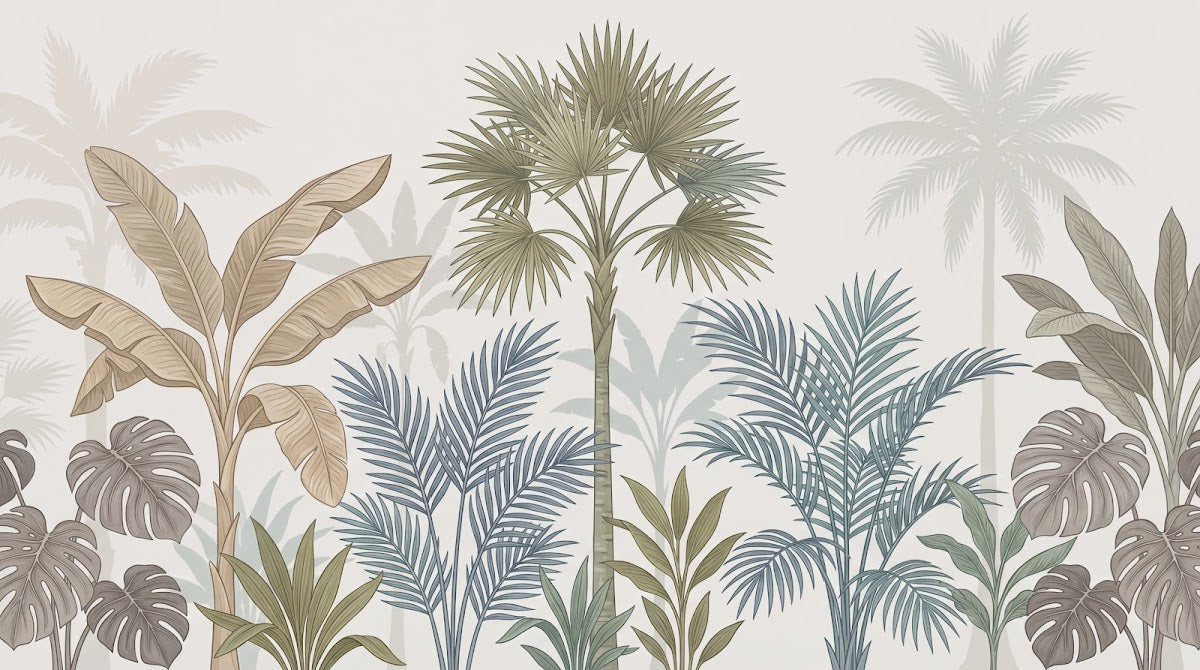 Papier peint panoramique tropical - Palmiers bananiers feuillage superposé tons beige crème et vert olive sur mesure - Design