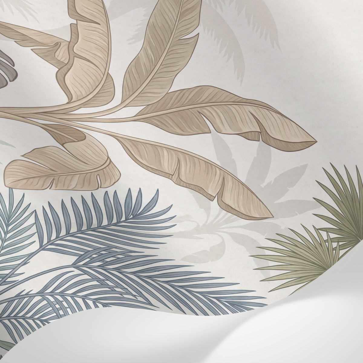 Papier peint panoramique tropical - Palmiers bananiers feuillage superposé tons beige crème et vert olive sur mesure - Matière