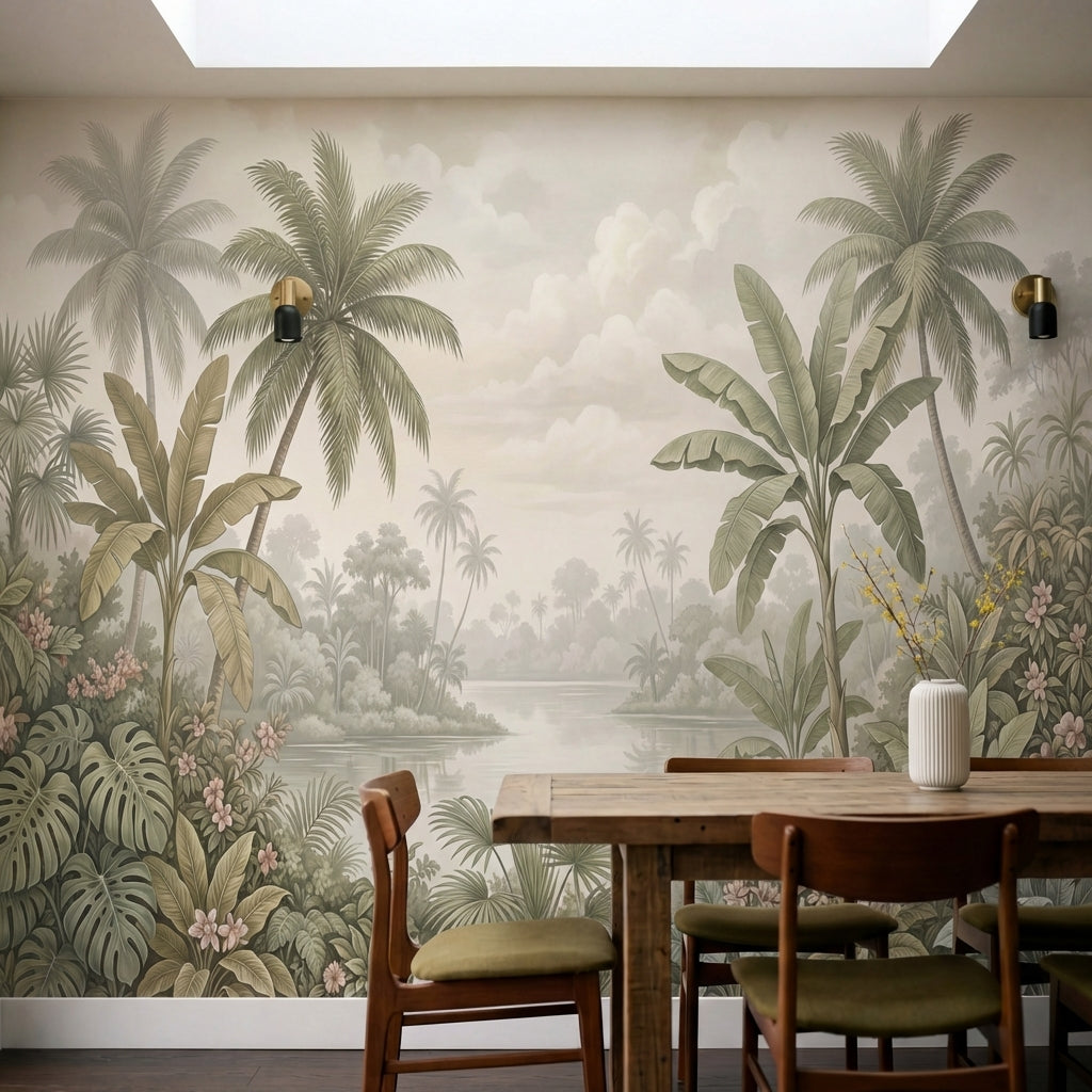 papier peint panoramique tropical palmiers bananiers lac paisible fleurs roses f-1