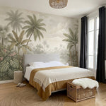 papier peint panoramique tropical palmiers bananiers lac paisible fleurs roses f-6