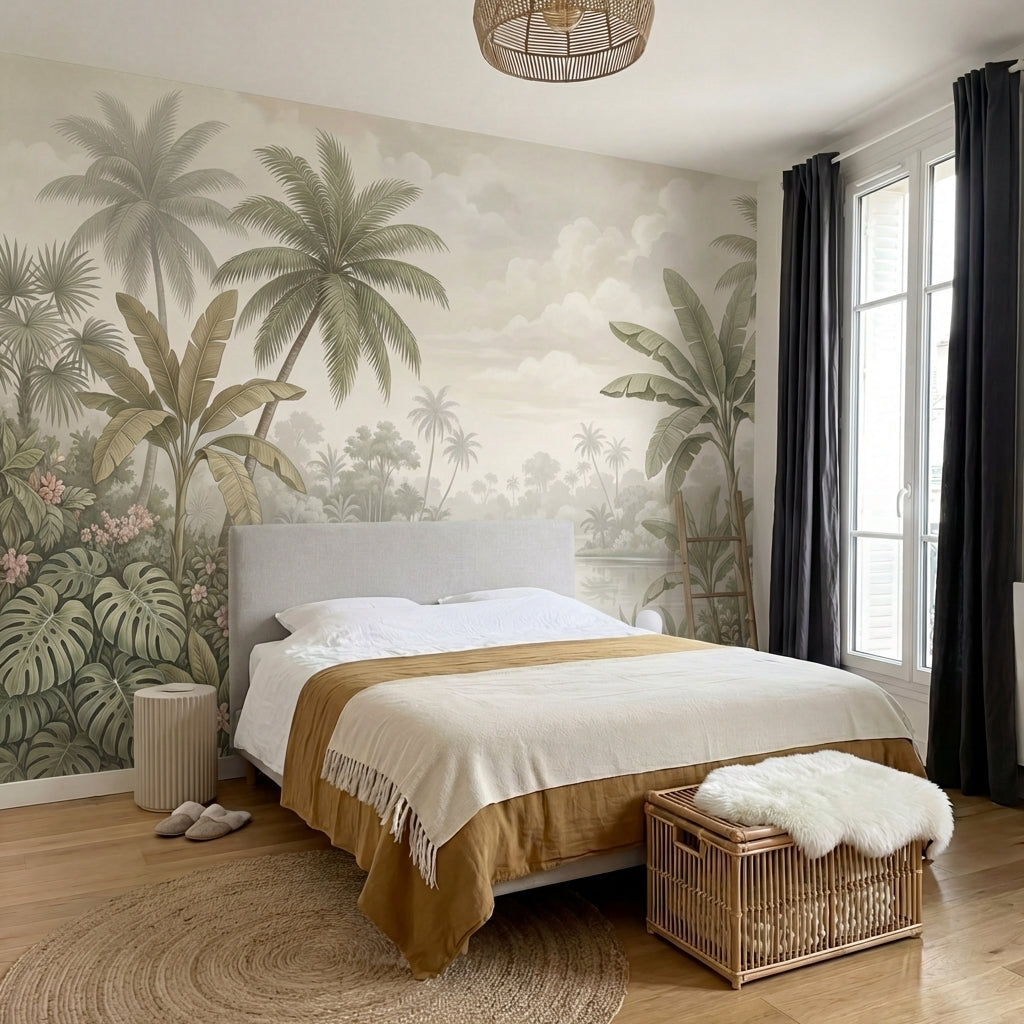 papier peint panoramique tropical palmiers bananiers lac paisible fleurs roses f-6