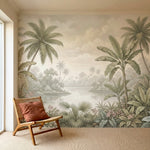 papier peint panoramique tropical palmiers bananiers lac paisible fleurs roses f-HERO-10