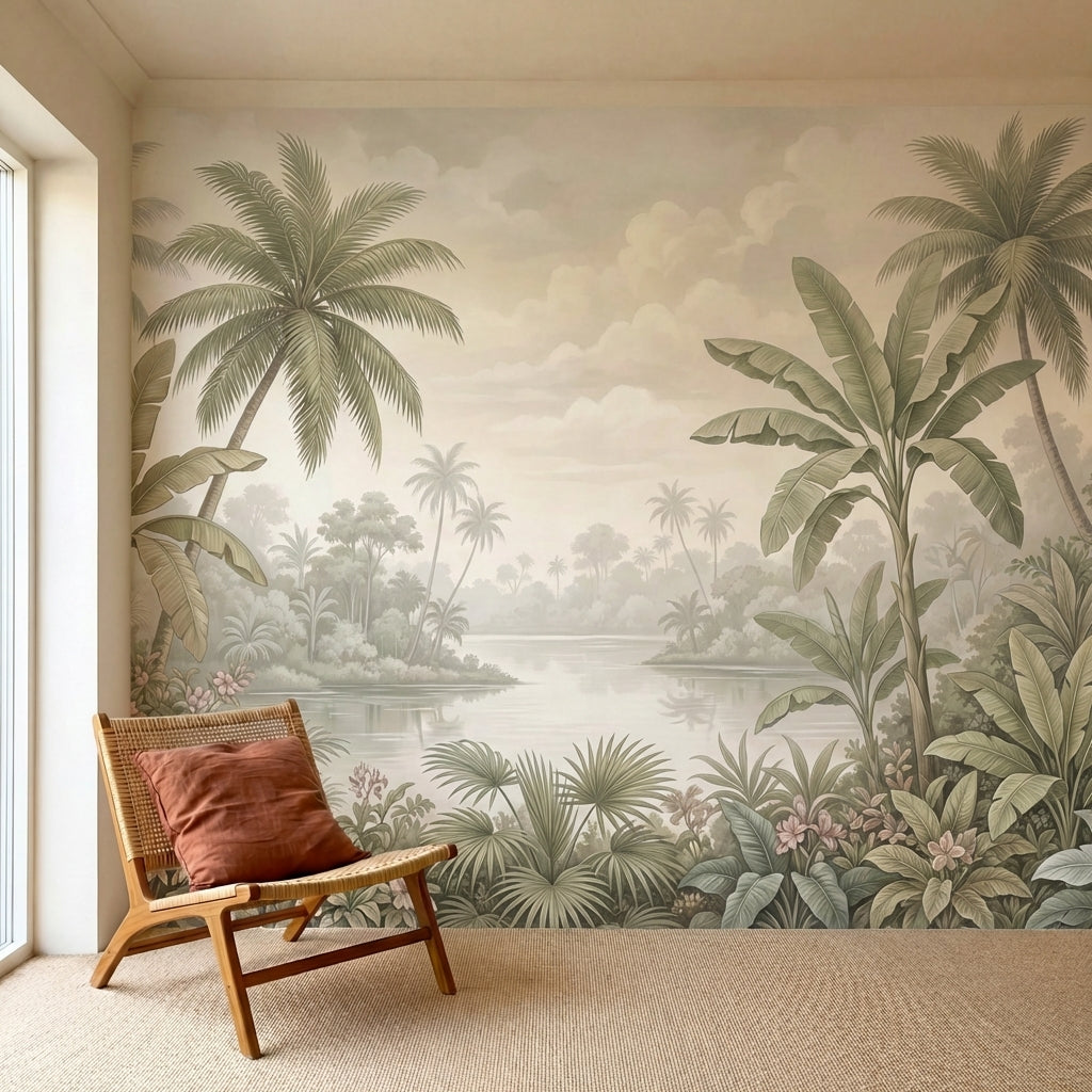 papier peint panoramique tropical palmiers bananiers lac paisible fleurs roses f-HERO-10
