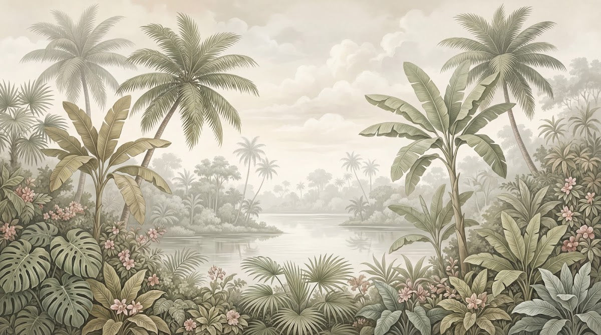 Papier peint panoramique tropical - Palmiers bananiers lac paisible fleurs roses fond beige crème sur mesure - Design