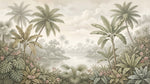 Papier peint panoramique tropical - Palmiers bananiers lac paisible fleurs roses fond beige crème sur mesure - Design