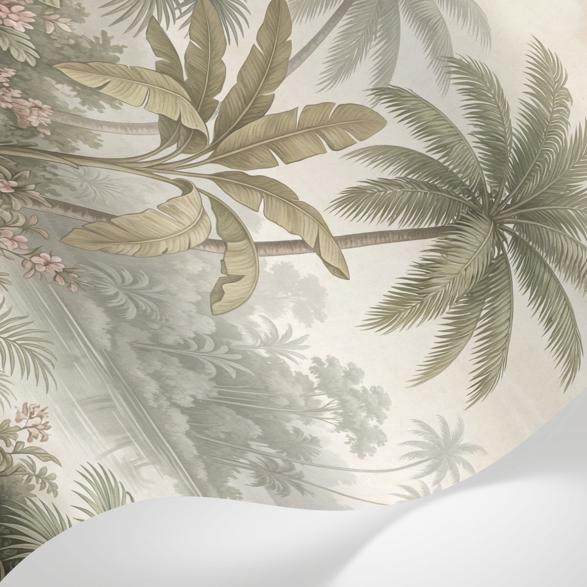 Papier peint panoramique tropical - Palmiers bananiers lac paisible fleurs roses fond beige crème sur mesure - Matière