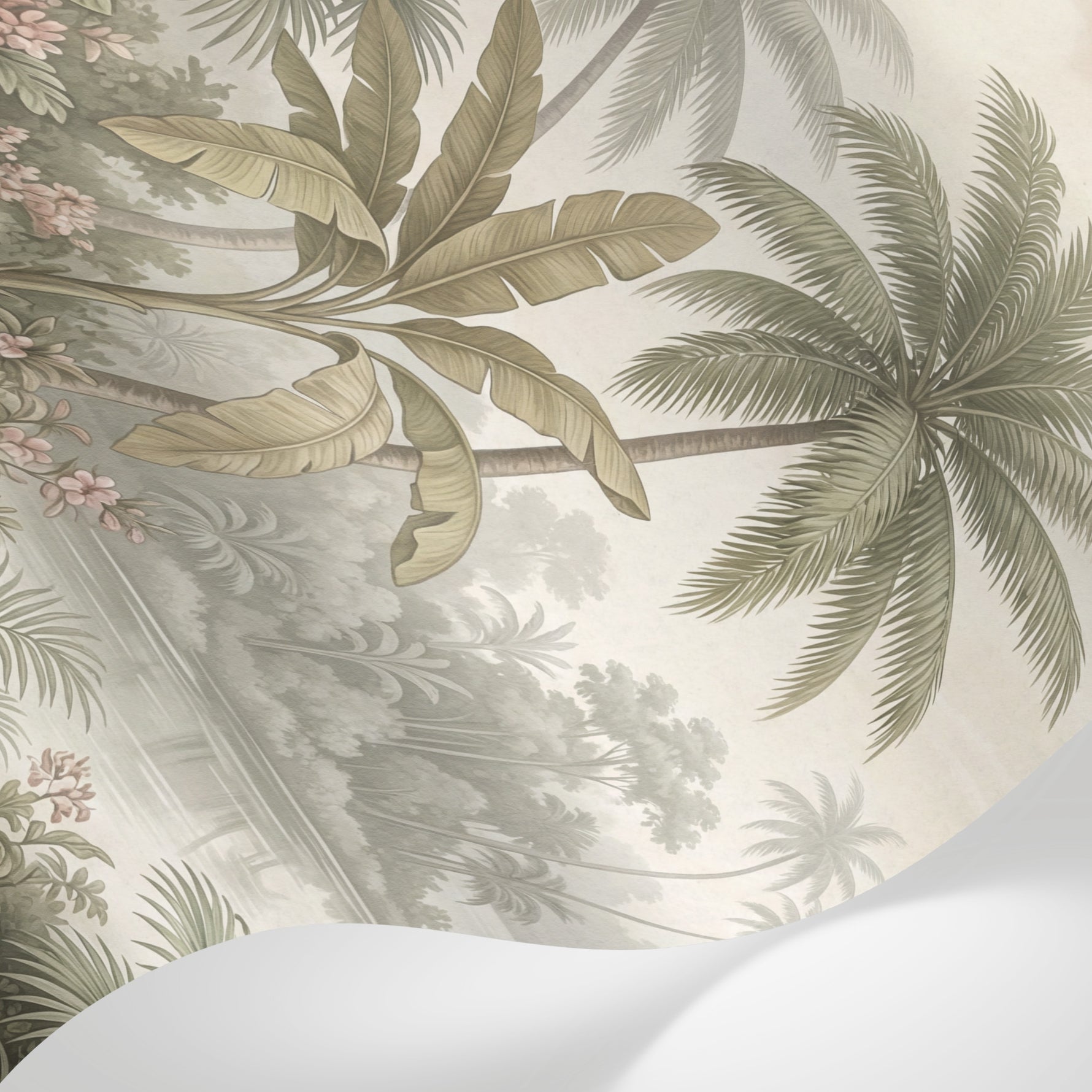 Papier peint panoramique tropical - Palmiers bananiers lac paisible fleurs roses fond beige crème sur mesure - Matière