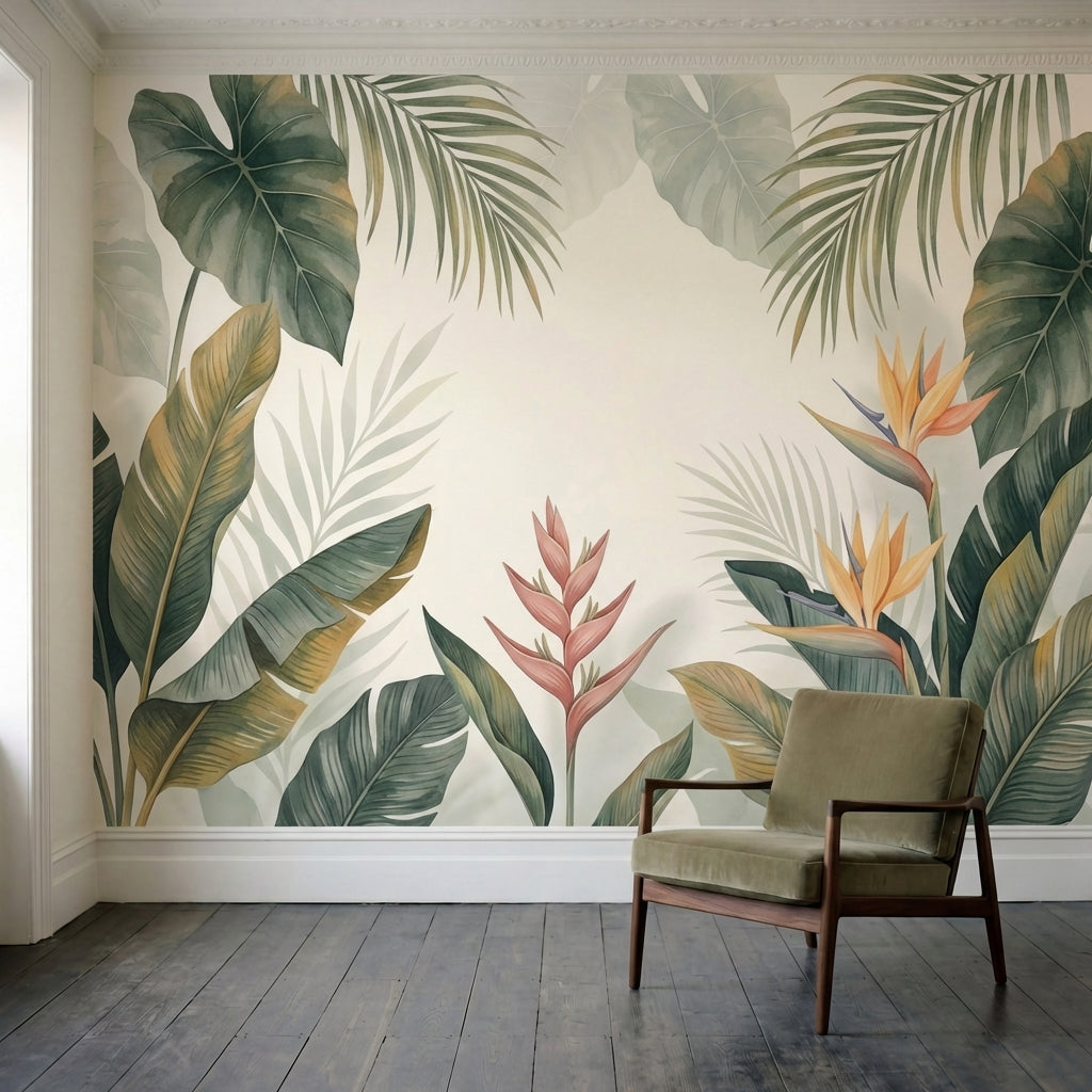 papier peint panoramique tropical palmiers bananiers oiseaux paradis fond beige -3