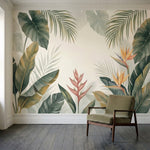 papier peint panoramique tropical palmiers bananiers oiseaux paradis fond beige -3