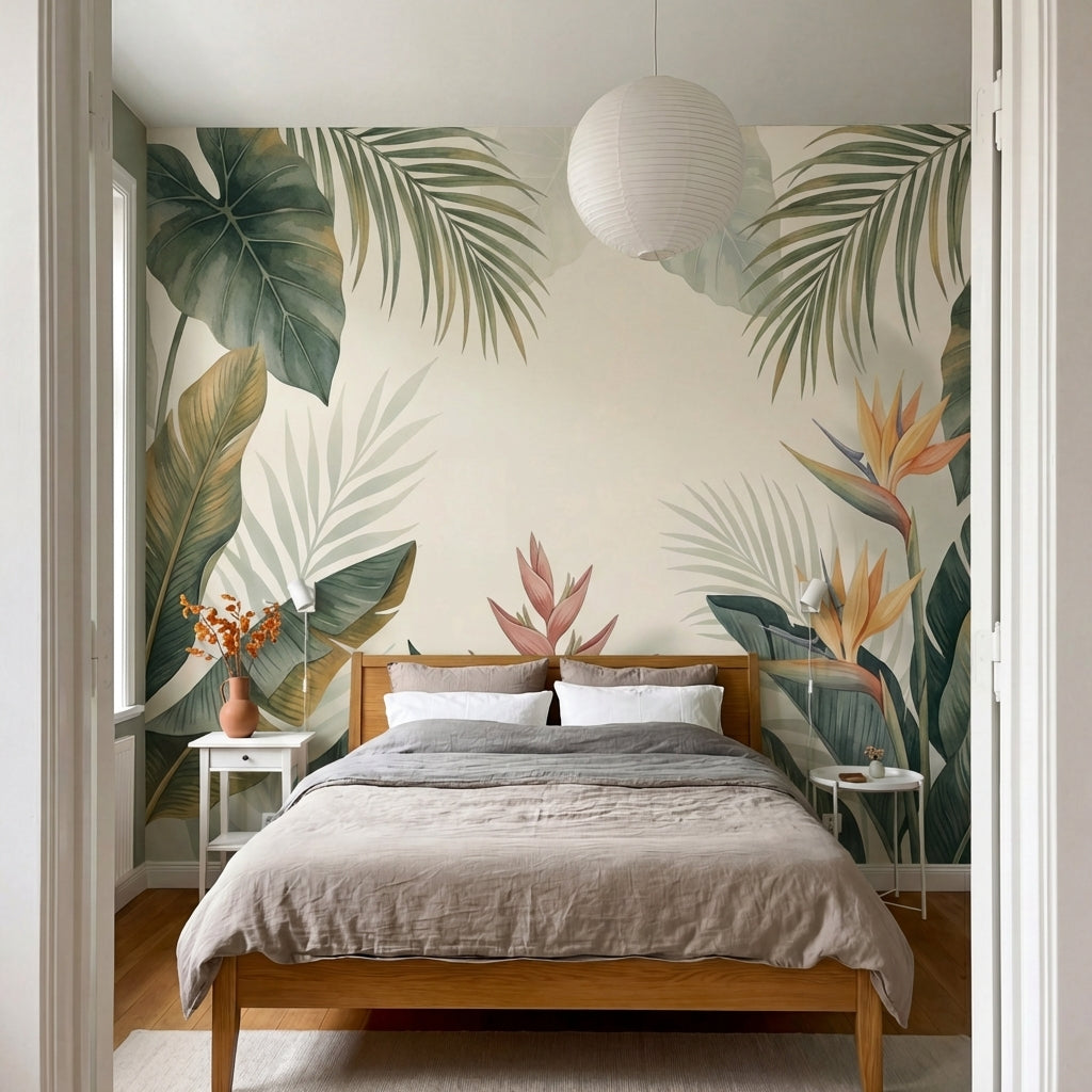 papier peint panoramique tropical palmiers bananiers oiseaux paradis fond beige -8