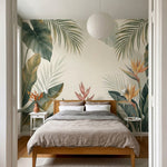 papier peint panoramique tropical palmiers bananiers oiseaux paradis fond beige -8