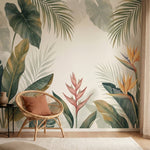 papier peint panoramique tropical palmiers bananiers oiseaux paradis fond beige -HERO-10