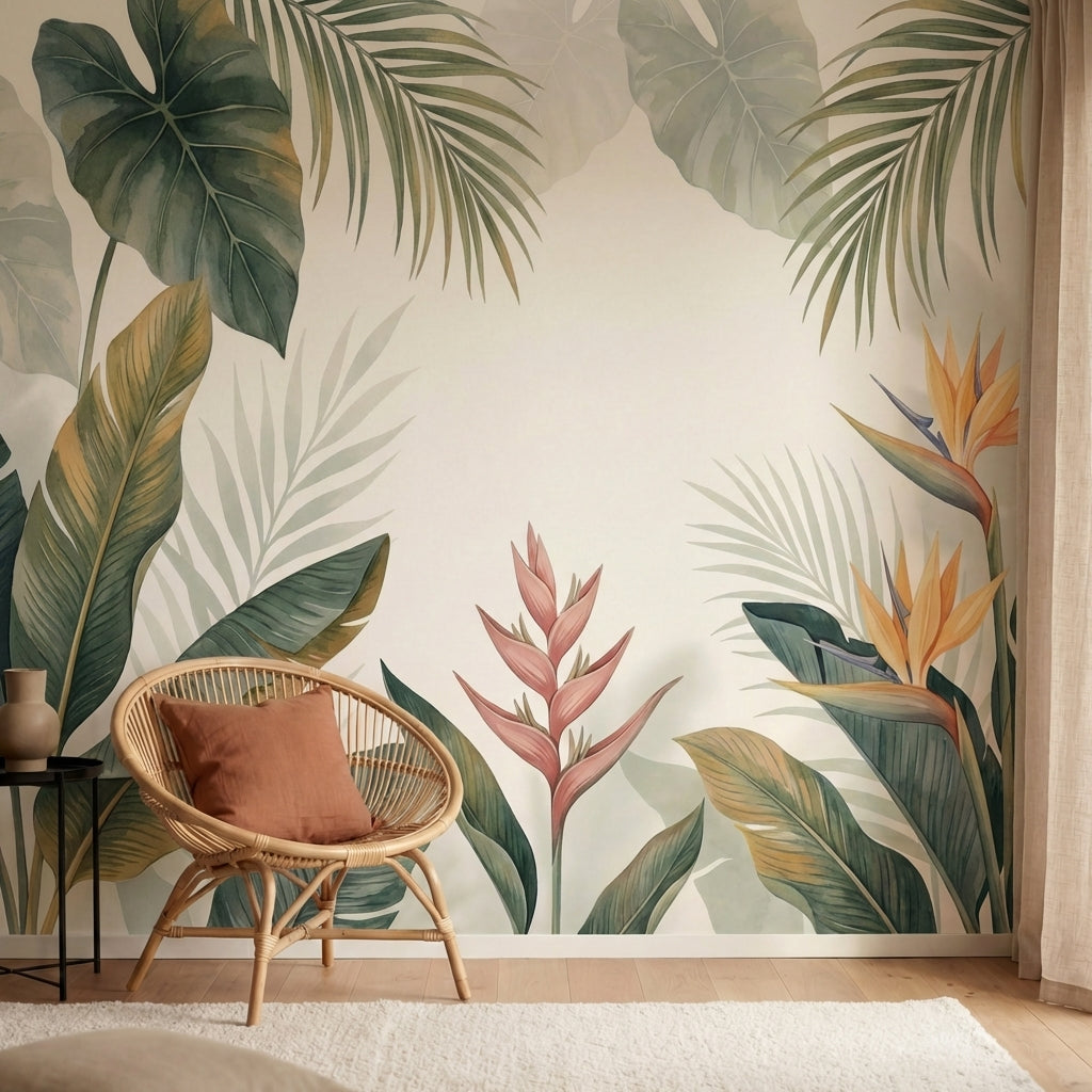 papier peint panoramique tropical palmiers bananiers oiseaux paradis fond beige -HERO-10