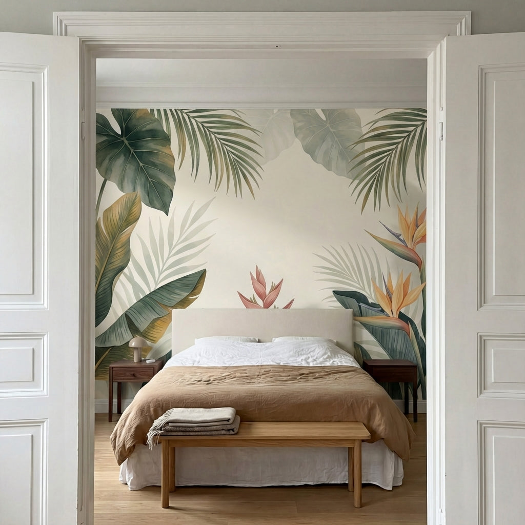 papier peint panoramique tropical palmiers bananiers oiseaux paradis fond beige -VARIANTE-10
