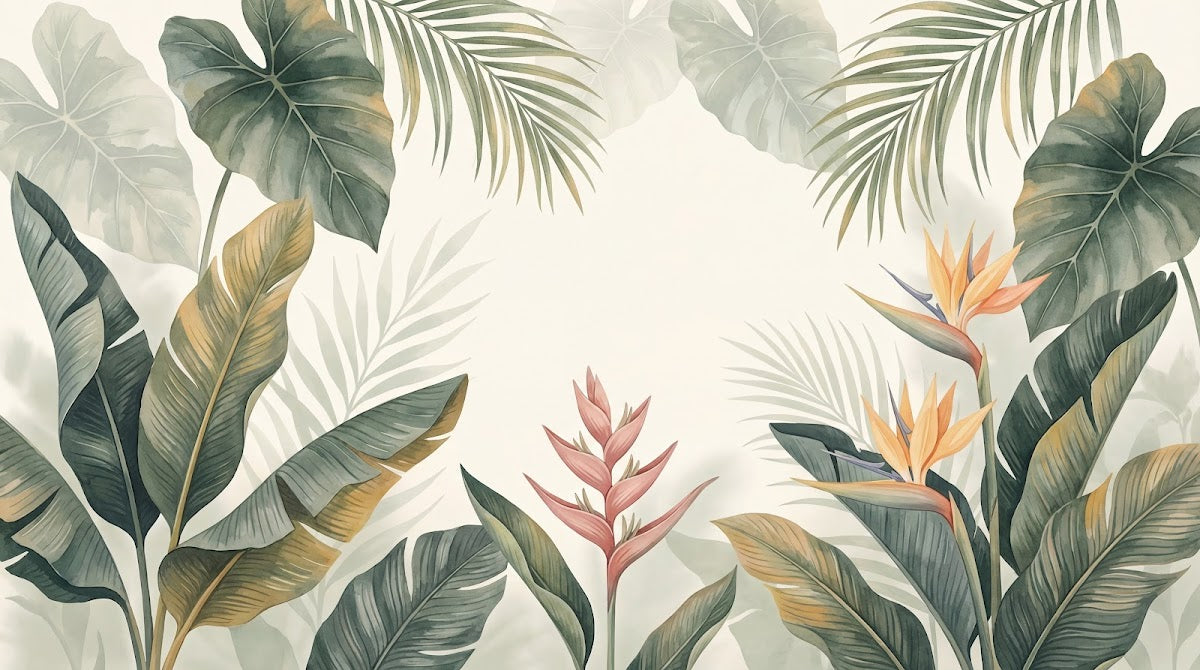Papier peint panoramique tropical - Palmiers bananiers oiseaux paradis fond beige crème et vert sur mesure - Design