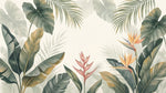 Papier peint panoramique tropical - Palmiers bananiers oiseaux paradis fond beige crème et vert sur mesure - Design
