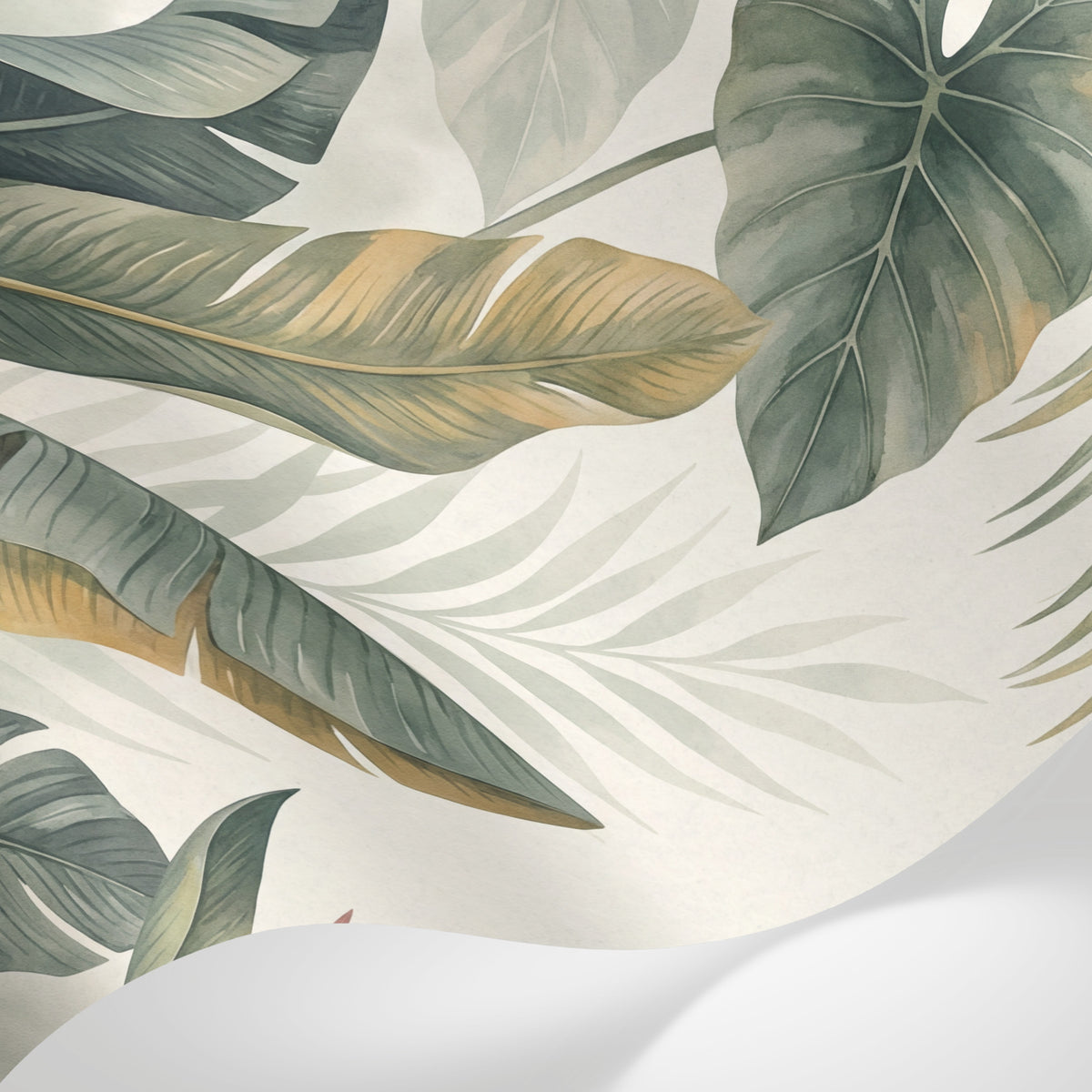 Papier peint panoramique tropical - Palmiers bananiers oiseaux paradis fond beige crème et vert sur mesure - Matière