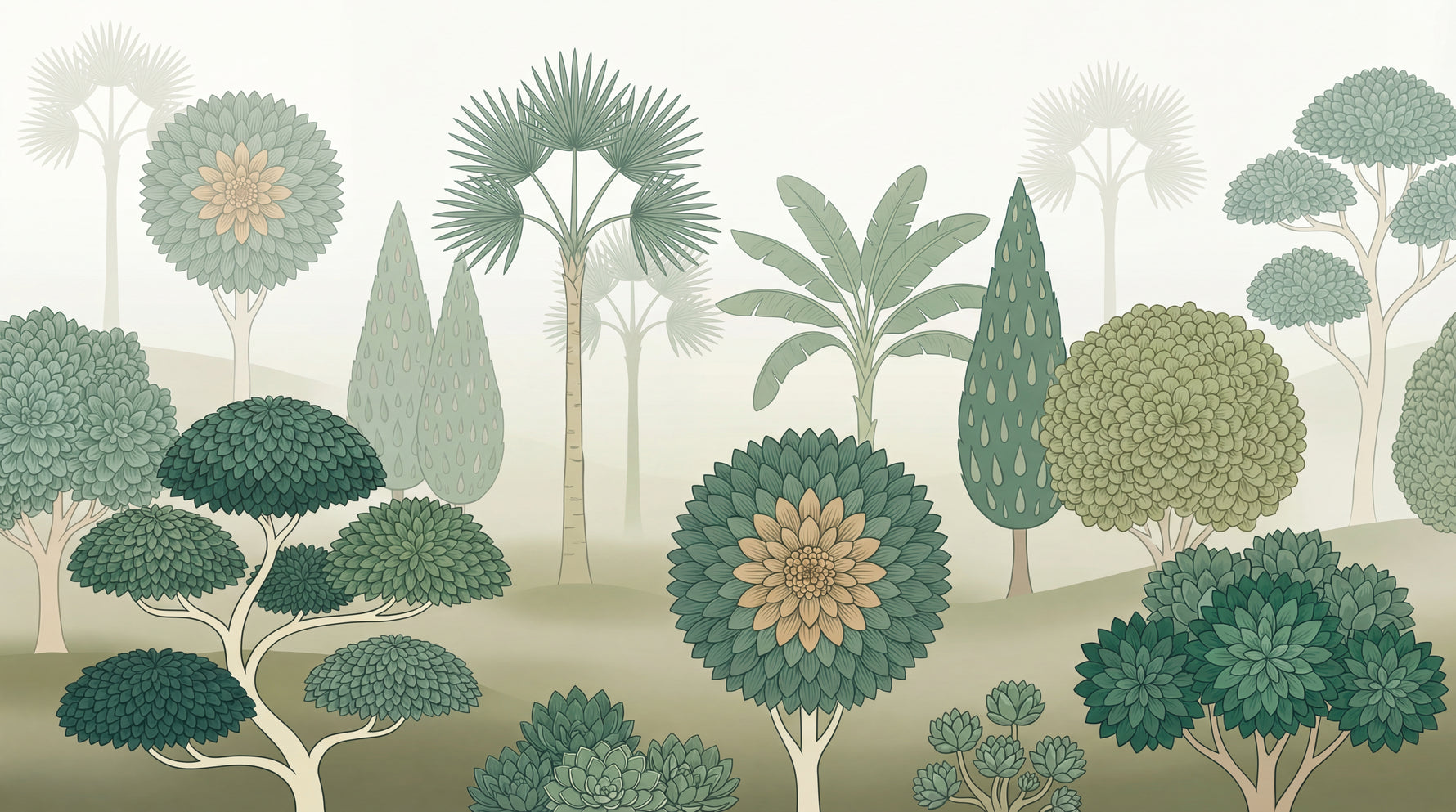 Papier peint panoramique tropical - Palmiers bananiers succulentes florales fond beige crème et vert sauge sur mesure - Design