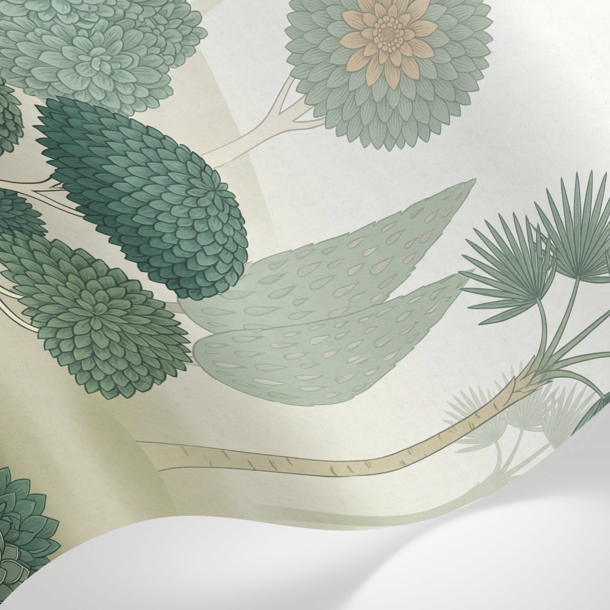 Papier peint panoramique tropical - Palmiers bananiers succulentes florales fond beige crème et vert sauge sur mesure - Matière