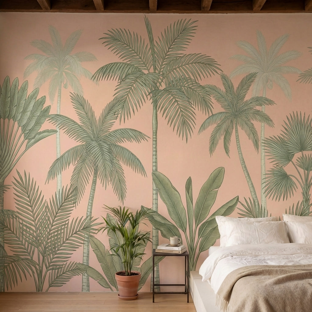 papier peint panoramique tropical palmiers bananiers varies feuillage dense fond-2