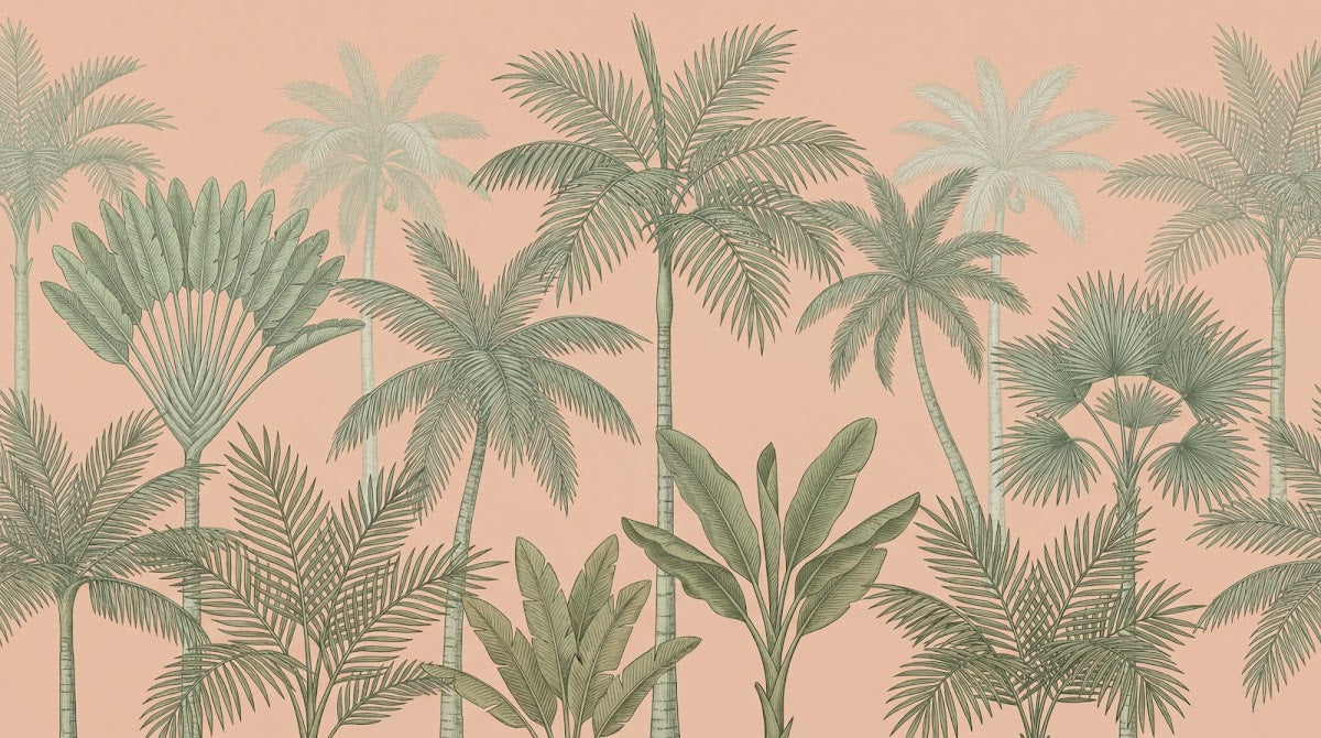 Papier peint panoramique tropical - Palmiers bananiers variés feuillage dense fond rose saumon sur mesure - Design
