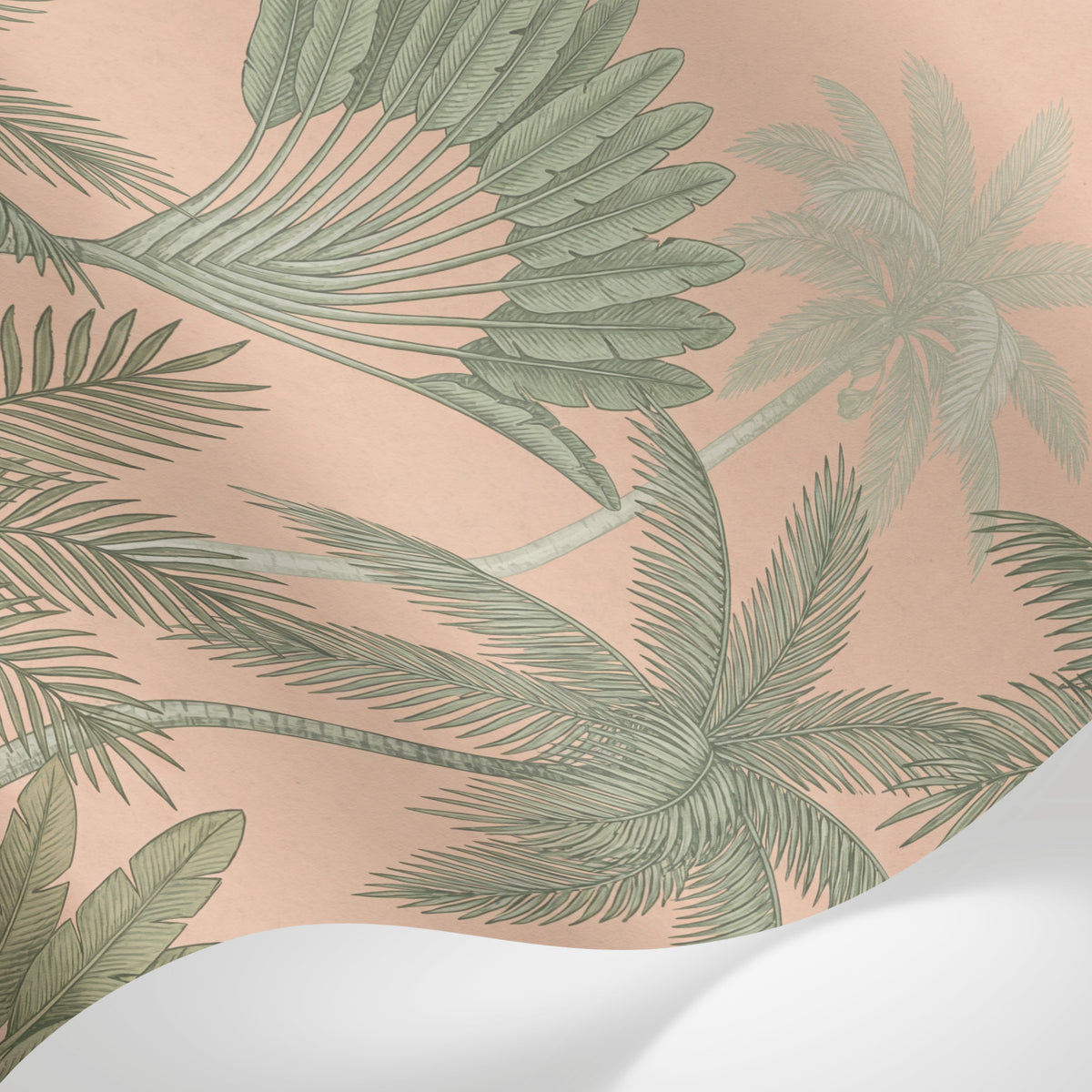 Papier peint panoramique tropical - Palmiers bananiers variés feuillage dense fond rose saumon sur mesure - Matière