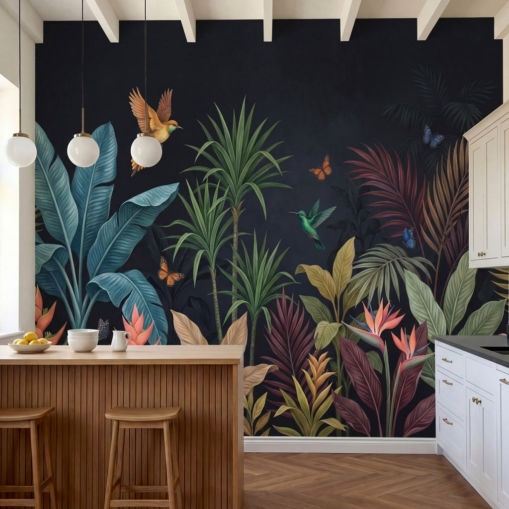 papier peint panoramique tropical palmiers colibri papillons feuillage exotique -1