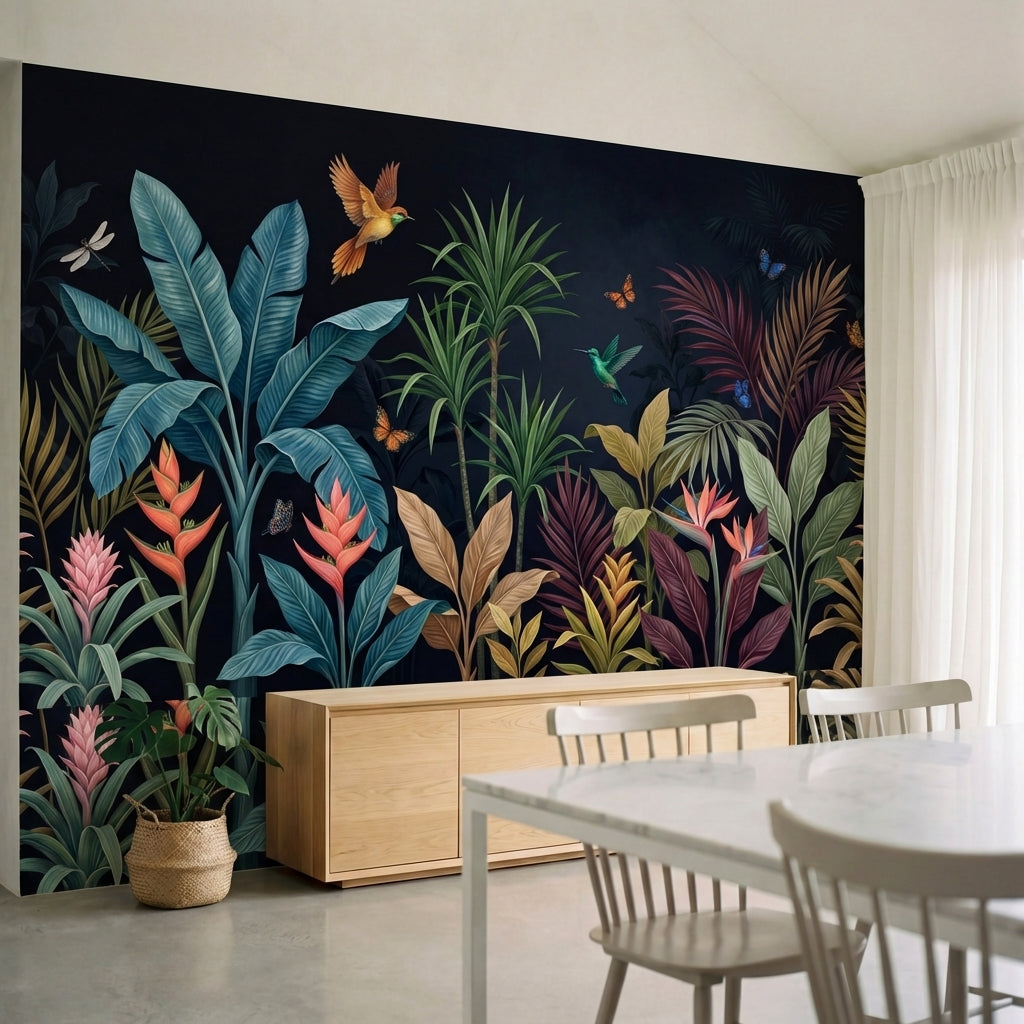 papier peint panoramique tropical palmiers colibri papillons feuillage exotique -4