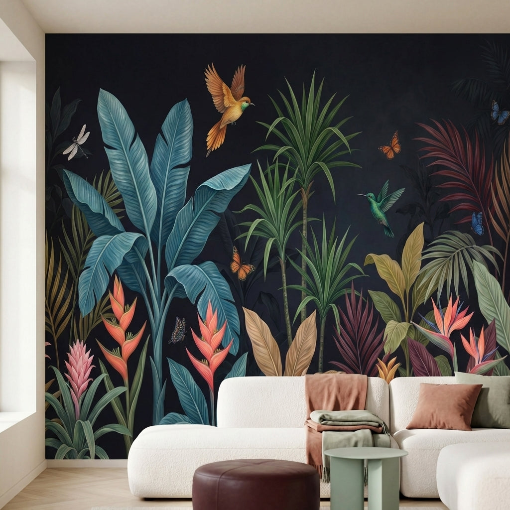 papier peint panoramique tropical palmiers colibri papillons feuillage exotique -5
