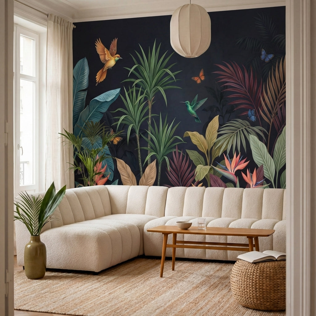 papier peint panoramique tropical palmiers colibri papillons feuillage exotique -6