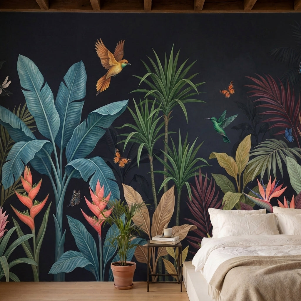 papier peint panoramique tropical palmiers colibri papillons feuillage exotique -HERO-10