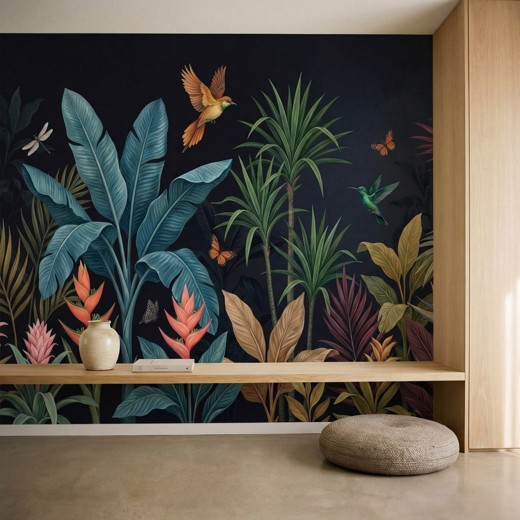 papier peint panoramique tropical palmiers colibri papillons feuillage exotique -HERO-11