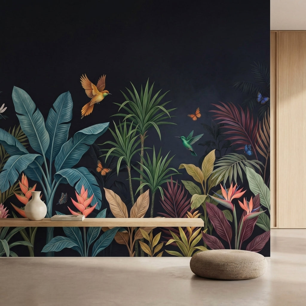 papier peint panoramique tropical palmiers colibri papillons feuillage exotique -HERO-12