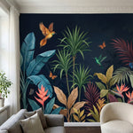 papier peint panoramique tropical palmiers colibri papillons feuillage exotique -HERO-13
