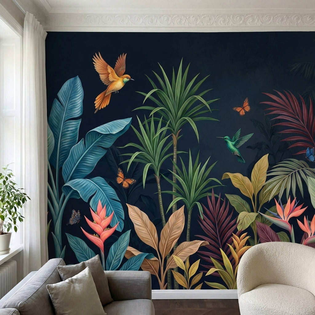papier peint panoramique tropical palmiers colibri papillons feuillage exotique -HERO-13