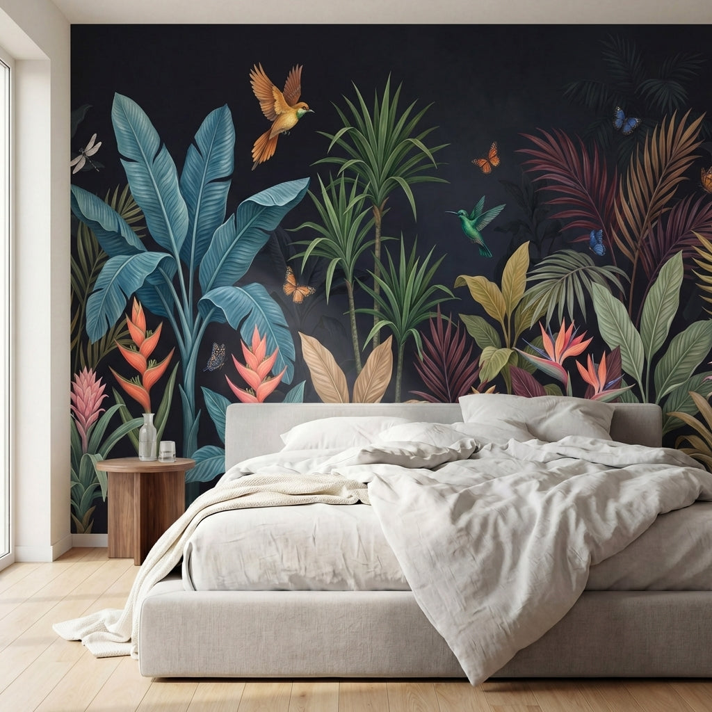 papier peint panoramique tropical palmiers colibri papillons feuillage exotique -HERO-9