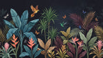 Papier peint panoramique tropical - Palmiers colibri papillons feuillage exotique fond bleu nuit profond sur mesure - Design