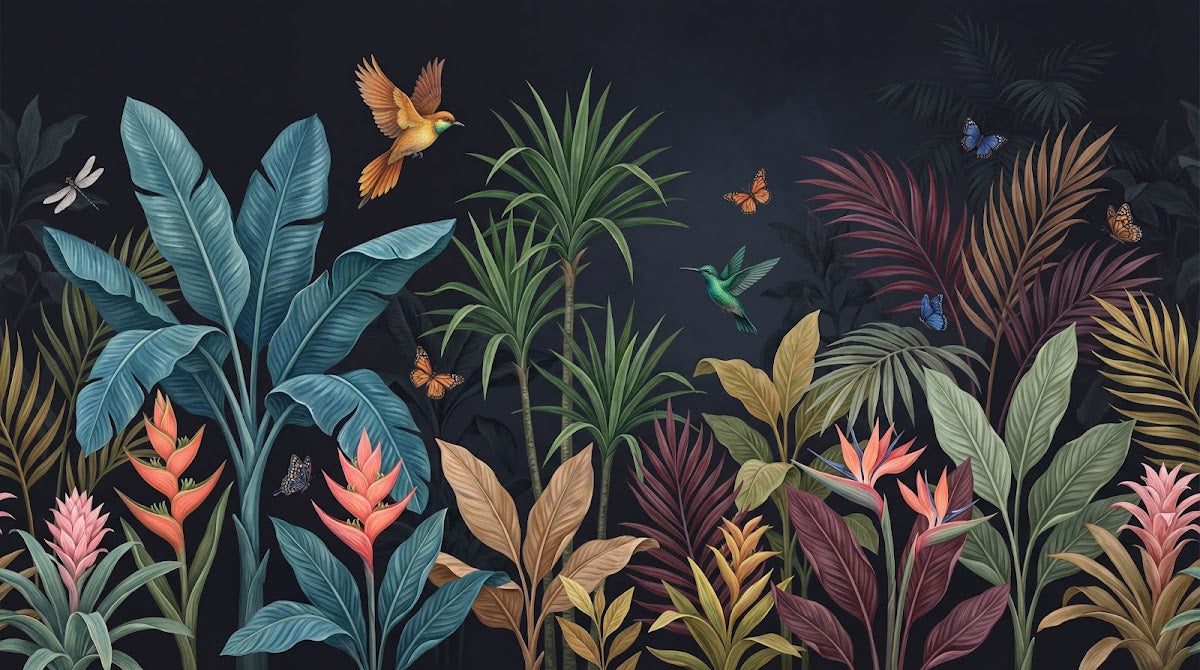 Papier peint panoramique tropical - Palmiers colibri papillons feuillage exotique fond bleu nuit profond sur mesure - Design