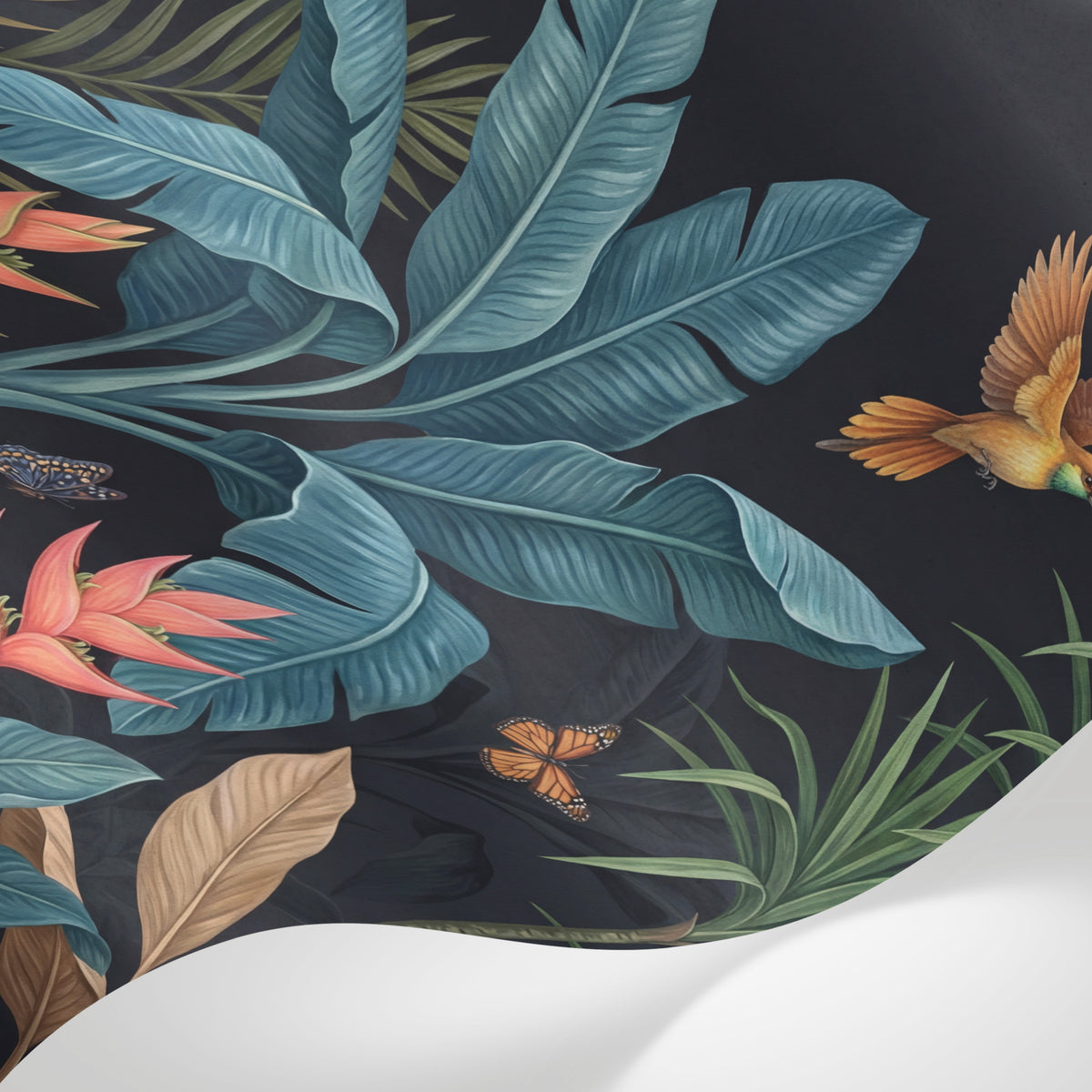 Papier peint panoramique tropical - Palmiers colibri papillons feuillage exotique fond bleu nuit profond sur mesure - Matière