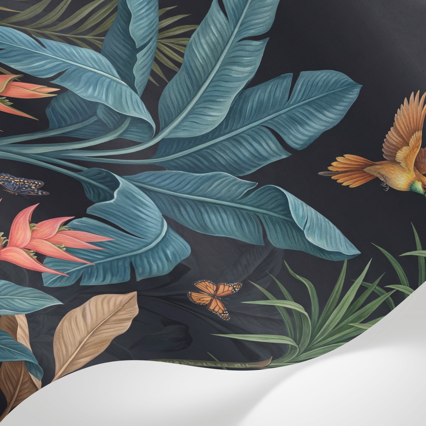 Papier peint panoramique tropical - Palmiers colibri papillons feuillage exotique fond bleu nuit profond sur mesure - Matière