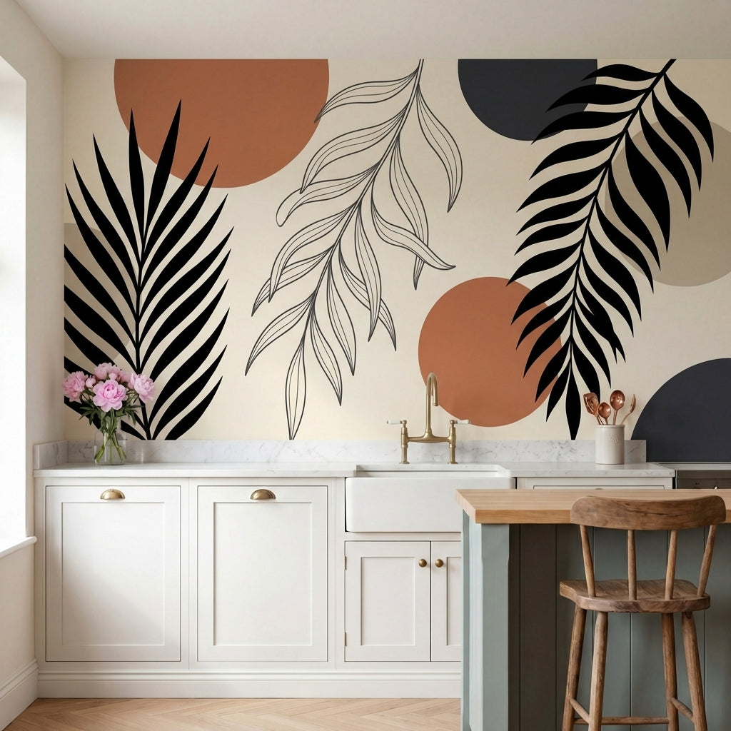 papier peint panoramique tropical palmiers feuillage graphique formes geometriqu-1