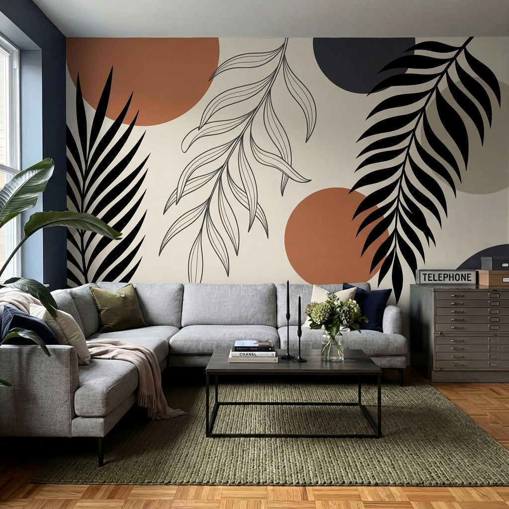 papier peint panoramique tropical palmiers feuillage graphique formes geometriqu-6