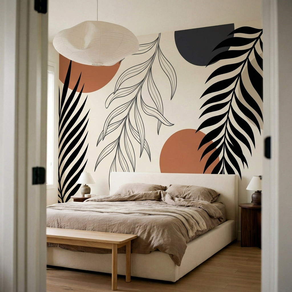 papier peint panoramique tropical palmiers feuillage graphique formes geometriqu-7