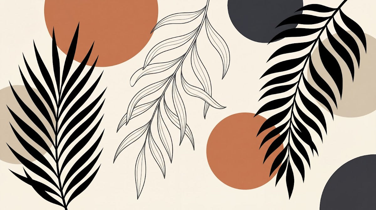 Papier peint panoramique tropical - Palmiers feuillage graphique formes géométriques fond beige rosé et noir sur mesure - Design