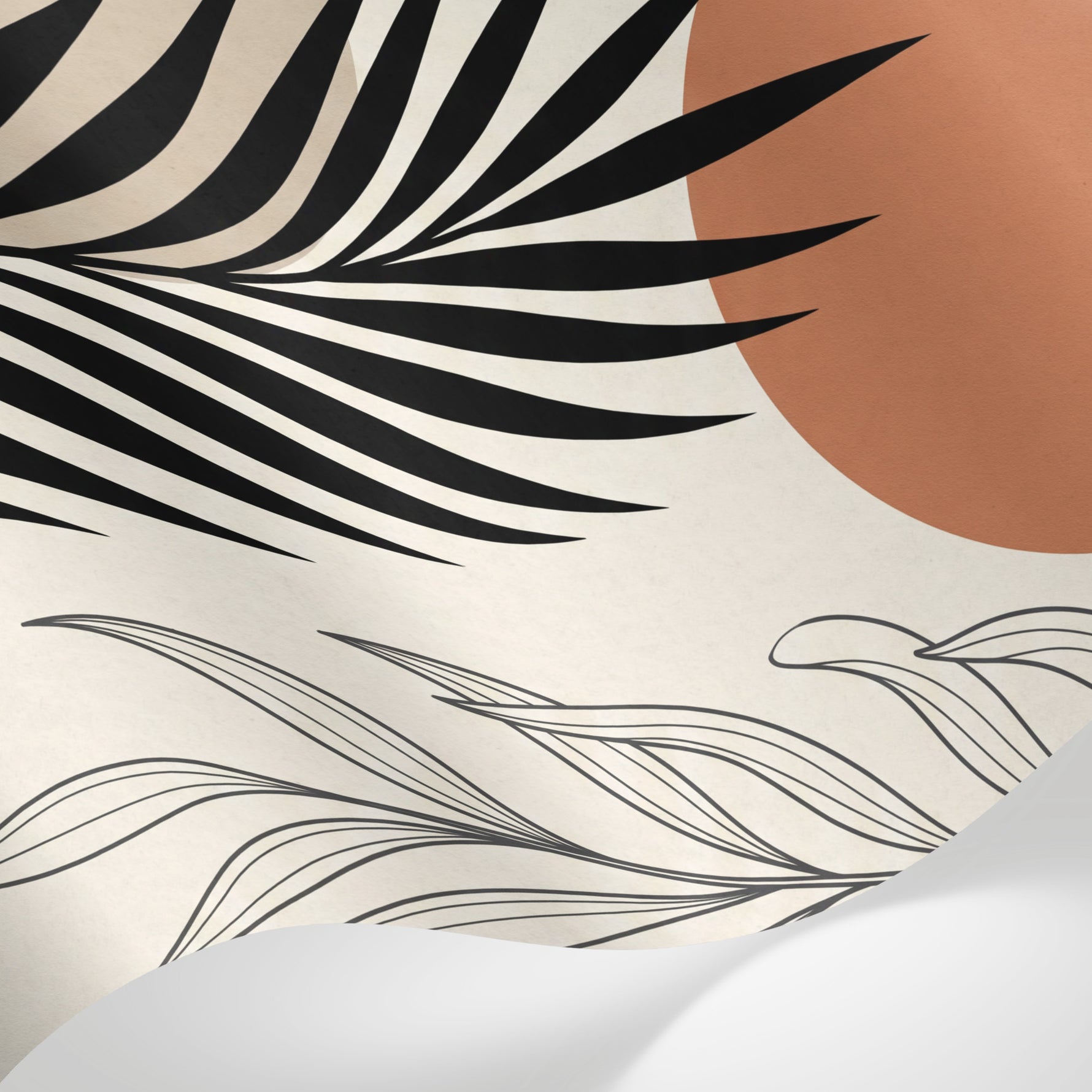 Papier peint panoramique tropical - Palmiers feuillage graphique formes géométriques fond beige rosé et noir sur mesure - Matière