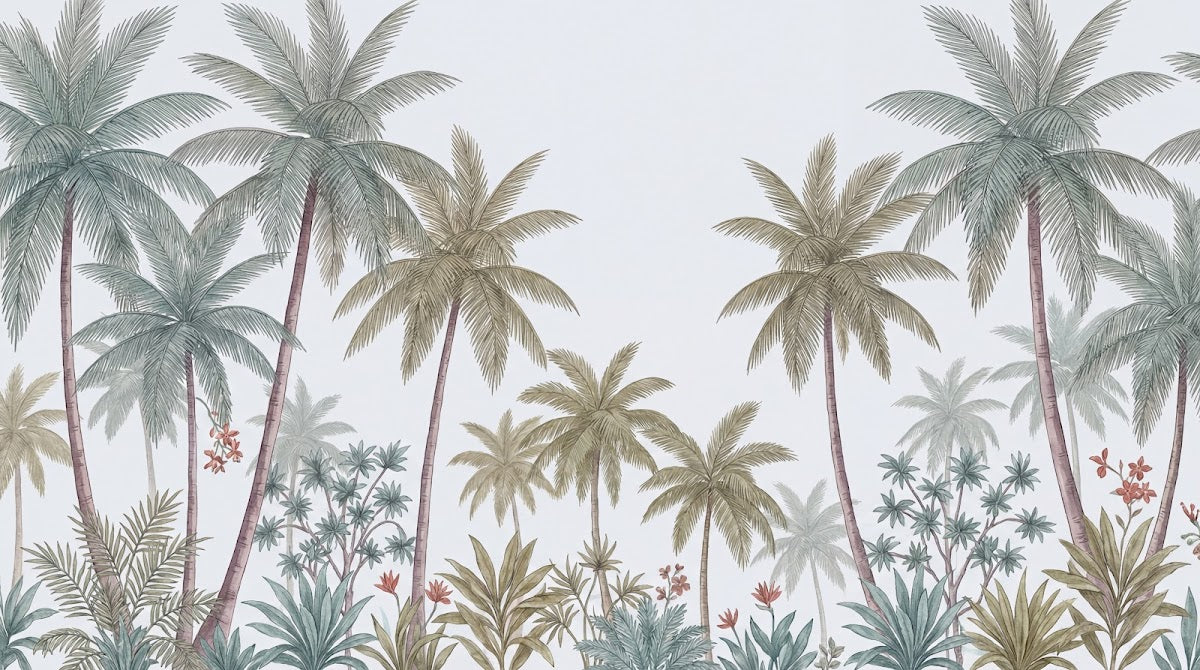 Papier peint panoramique tropical - Palmiers feuillage luxuriant végétation exotique tons beige crème et vert sur mesure - Design