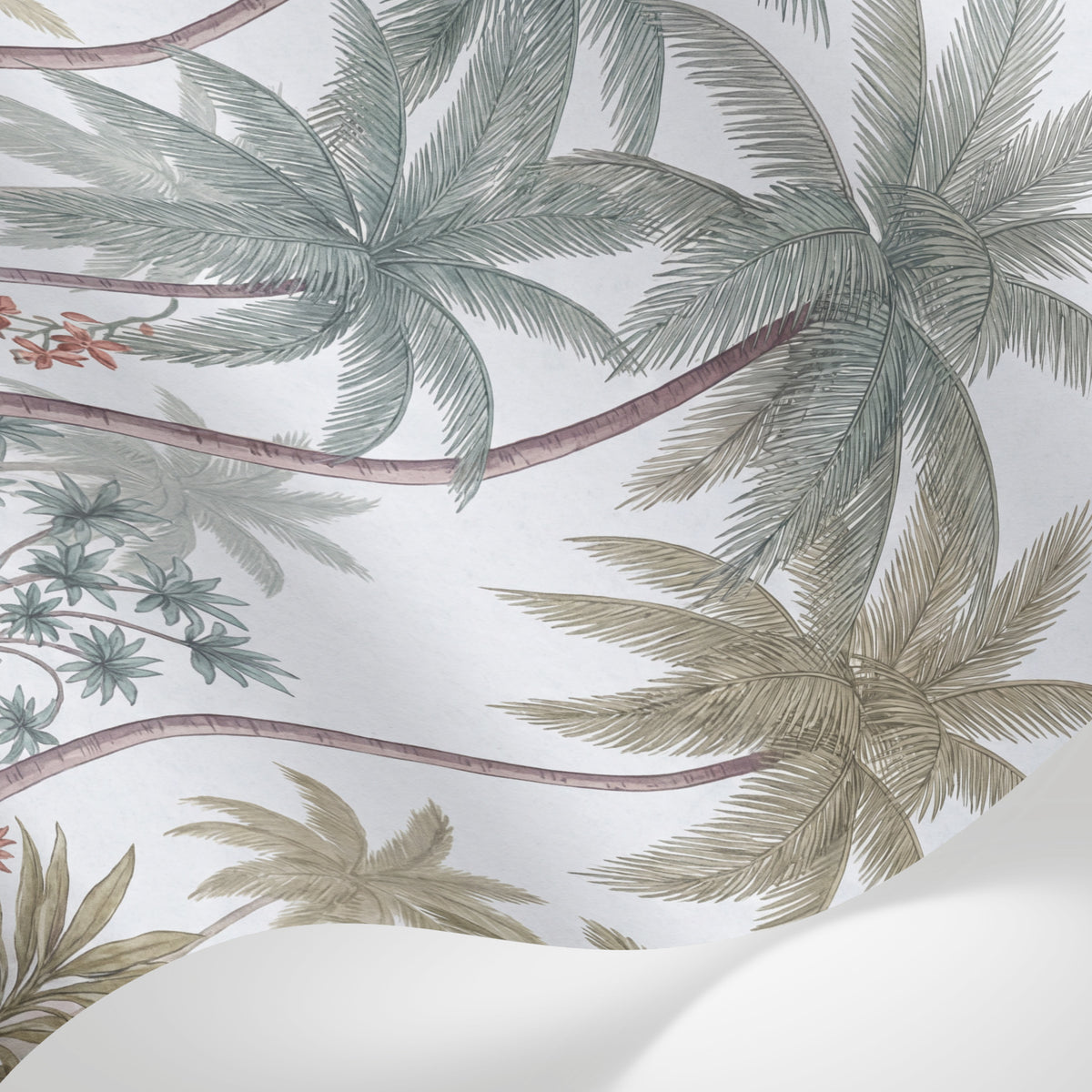 Papier peint panoramique tropical - Palmiers feuillage luxuriant végétation exotique tons beige crème et vert sur mesure - Matière
