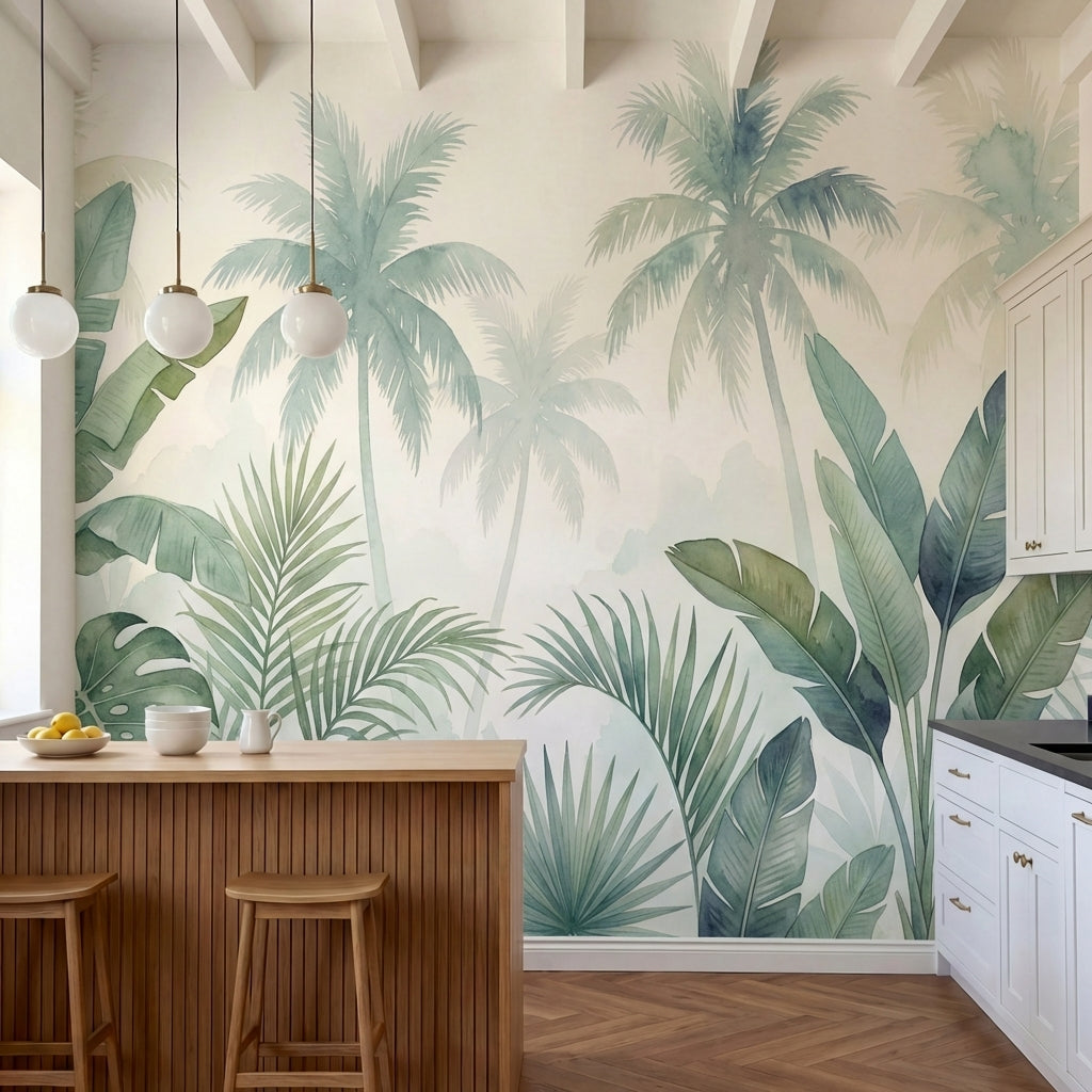 papier peint panoramique tropical palmiers feuilles bananier superposees aquarel-1