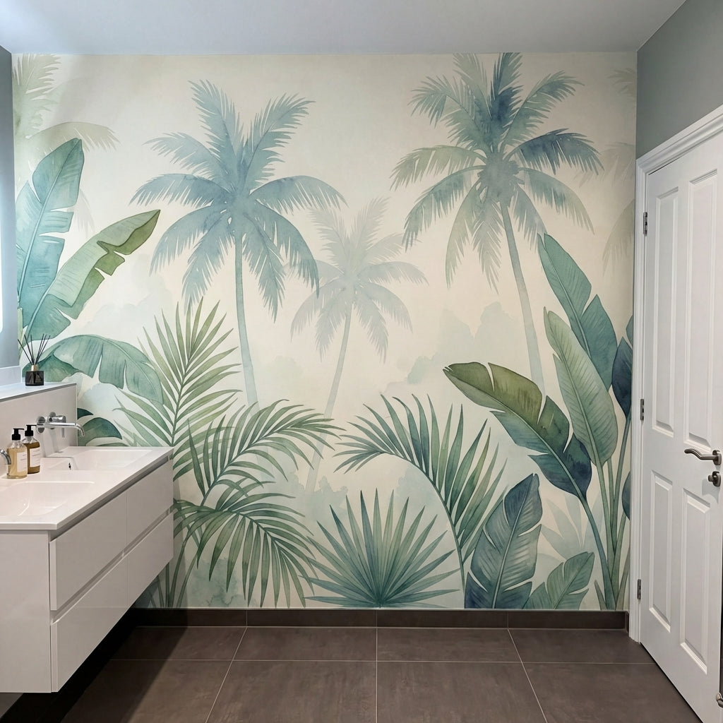 papier peint panoramique tropical palmiers feuilles bananier superposees aquarel-10